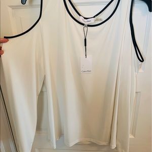 White blouse shoulder detail in black Calvin Klein